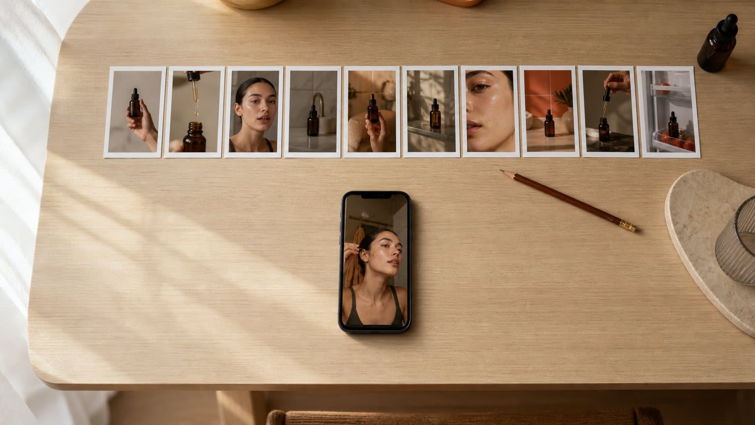 A row of printed photo cards showing different opening shots of one serum bottle above a phone playing the same vertical ad
