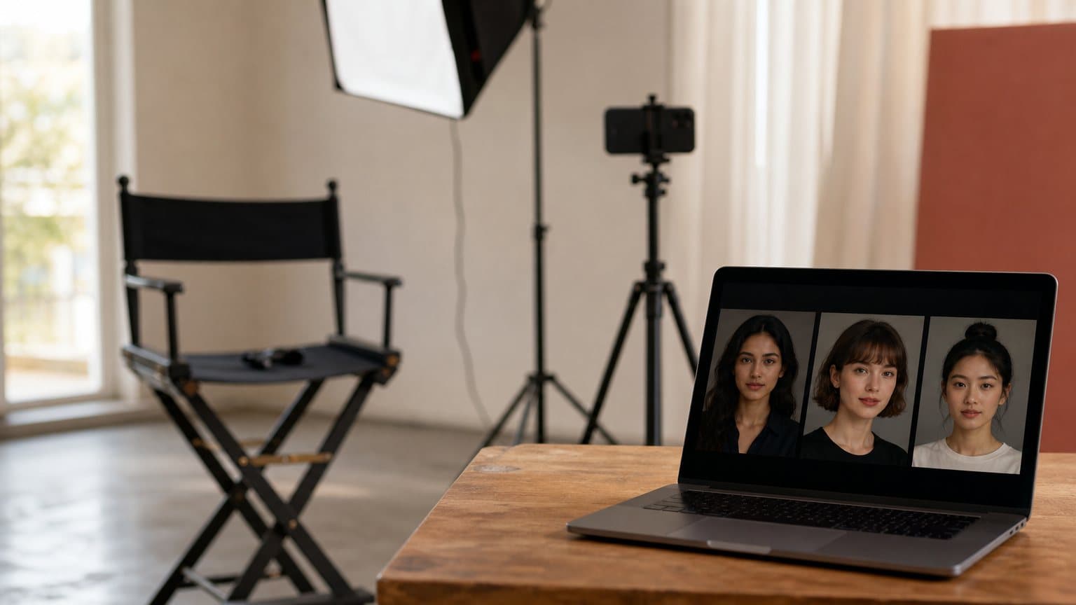A generated photograph of an empty director's chair on a small video set, with a laptop in the foreground showing three candidate headshots side by side