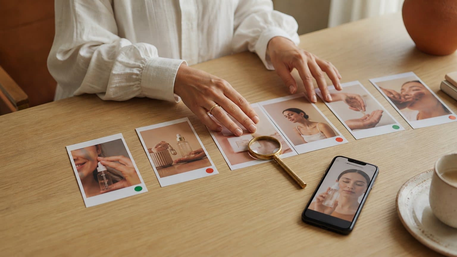 Printed frames of vertical video ads laid out on a table, some marked with green and red dot stickers, beside a phone and a loupe