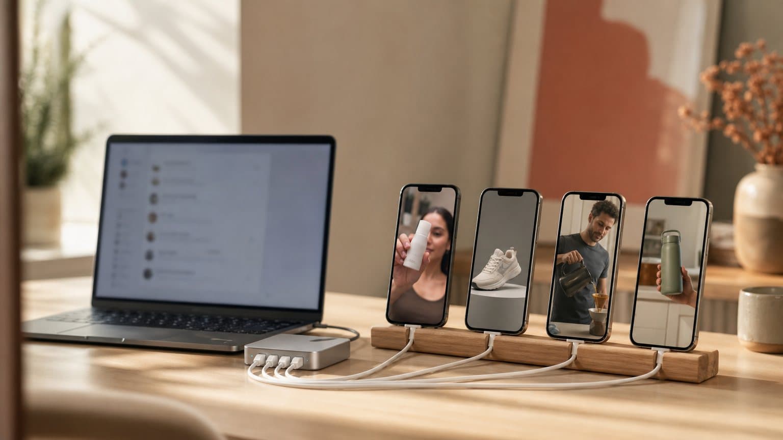 A generated photo of a studio desk: a laptop with a blurred chat window, and a row of phones on a wooden stand playing vertical product video ads, each wired to one small aluminium hub