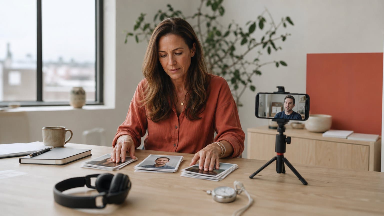 A video producer sorting printed portrait photos beside a phone on a small tripod that shows a person speaking to camera