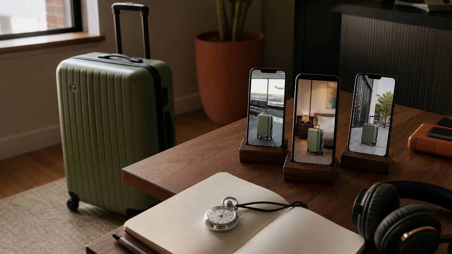 A producer's desk with a stopwatch and three phones showing different video frames of the same carry-on suitcase