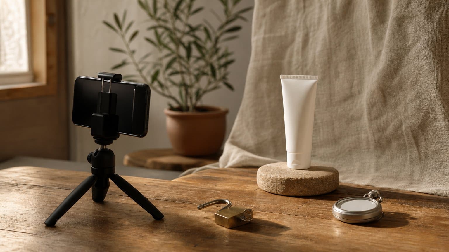 A phone on a small tripod beside a white sunscreen tube on a round stone, with an open brass padlock and a stopwatch lying on a wooden table