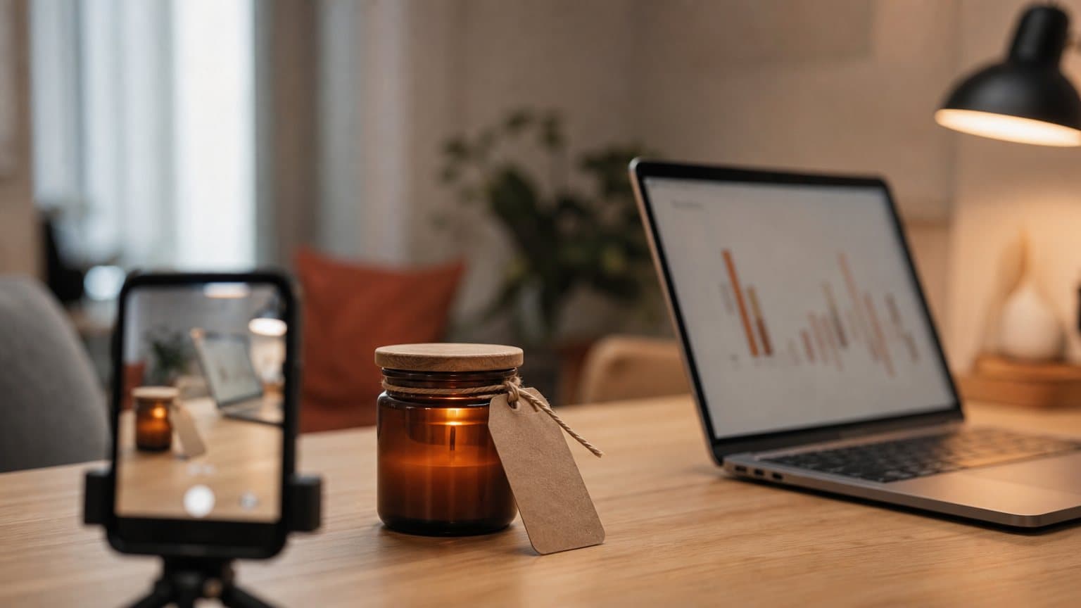 A phone on a small tripod films an amber candle jar with a blank paper price tag tied to it, on a wooden desk beside a laptop showing blurred campaign charts