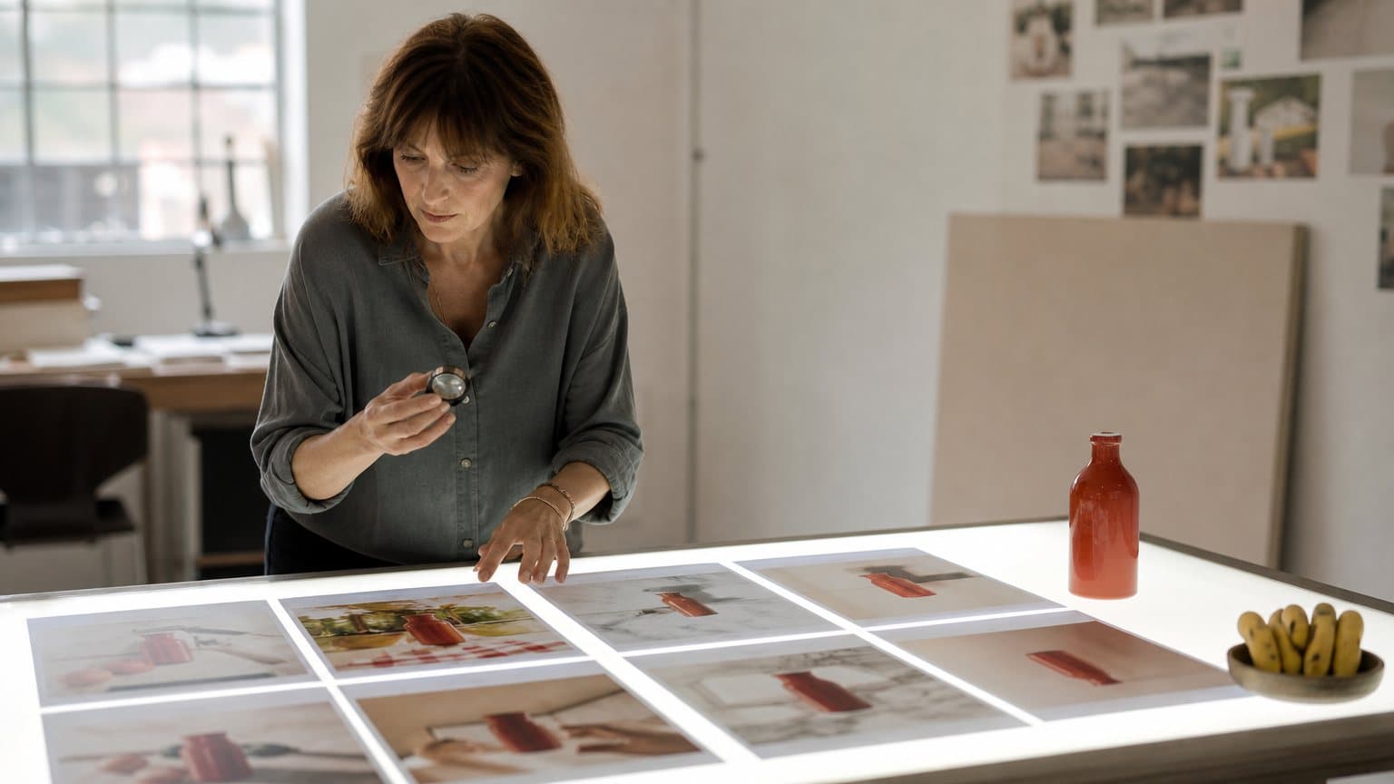A retoucher comparing columns of printed product photos of one red bottle on a light table