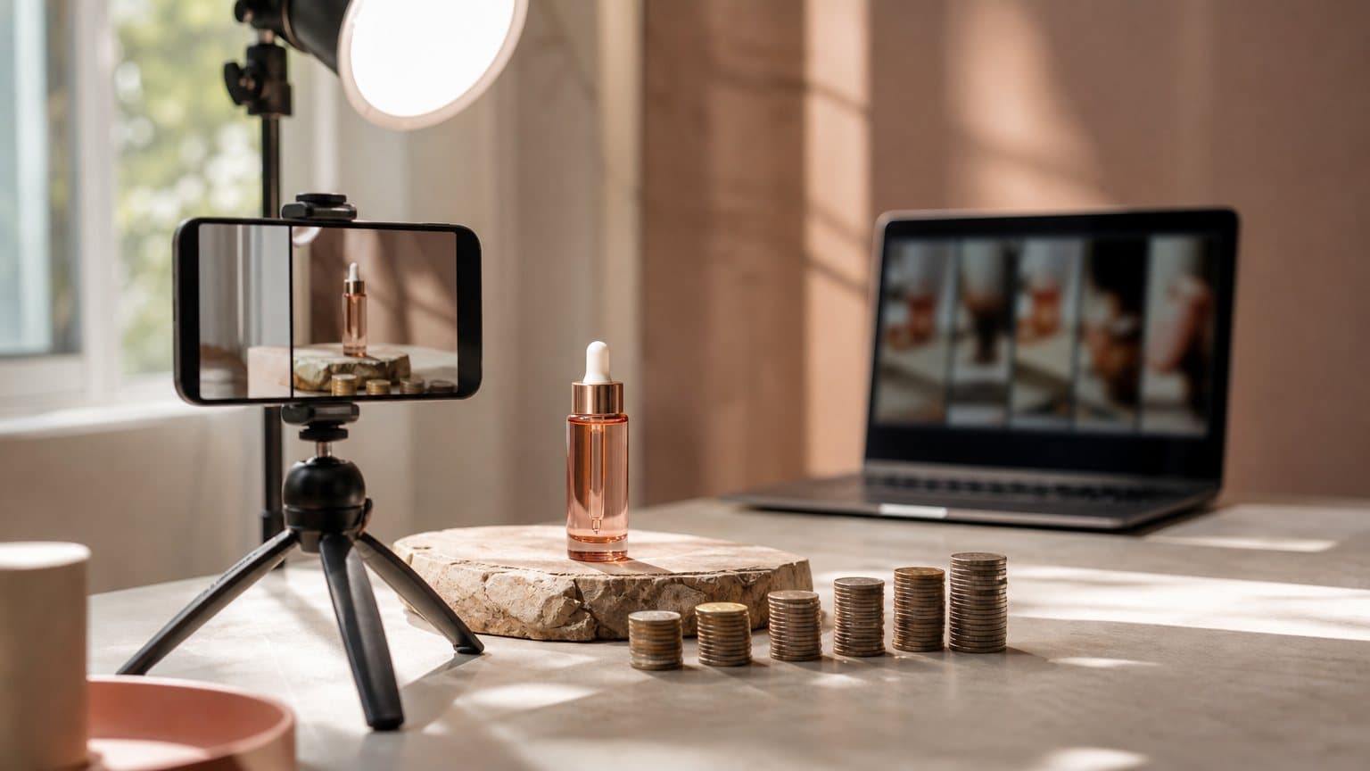 Six short stacks of coins of different heights lined up in front of a phone that films a serum bottle on a small tabletop set