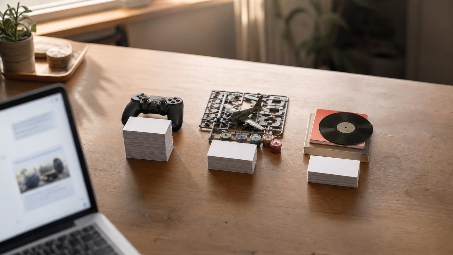 Three product groups on a desk, a game controller, a hobby kit with paints and books with a vinyl record, each beside a stack of index cards of a different height, with a laptop showing a chat answer and a sponsored card