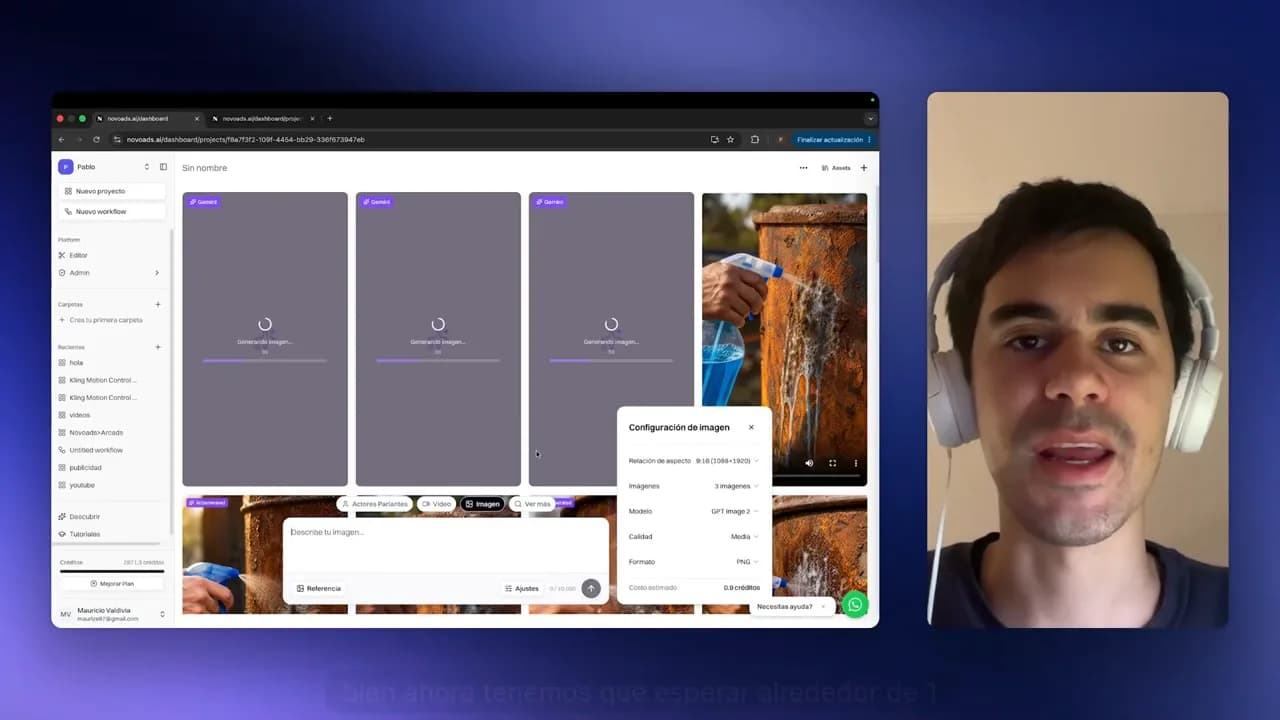 Pantalla de Novoads generando tres imágenes basadas en el prompt de imagen