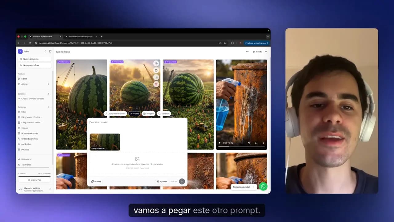 Interfaz de Novoads con tres imágenes generadas y selección de una como cuadro inicial para video