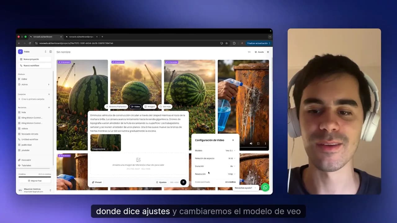 Sección de video en Novoads con prompt pegado y ventana de ajustes abierta para configuración