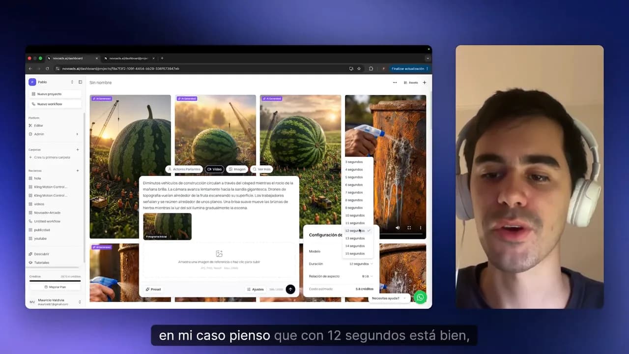 Configuración de video en Novoads mostrando la opción para elegir duración de 12 segundos