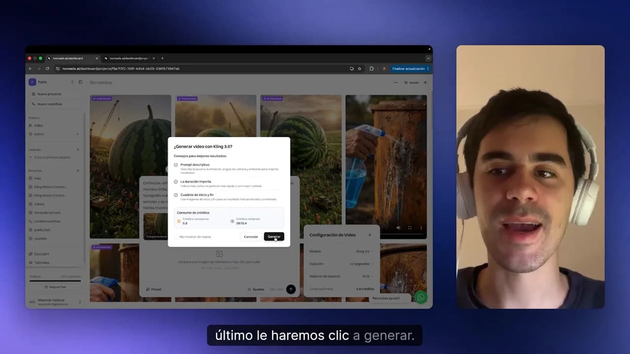 Ventana de confirmación para generar video con modelo Kling 3.0 y botón de generar activo