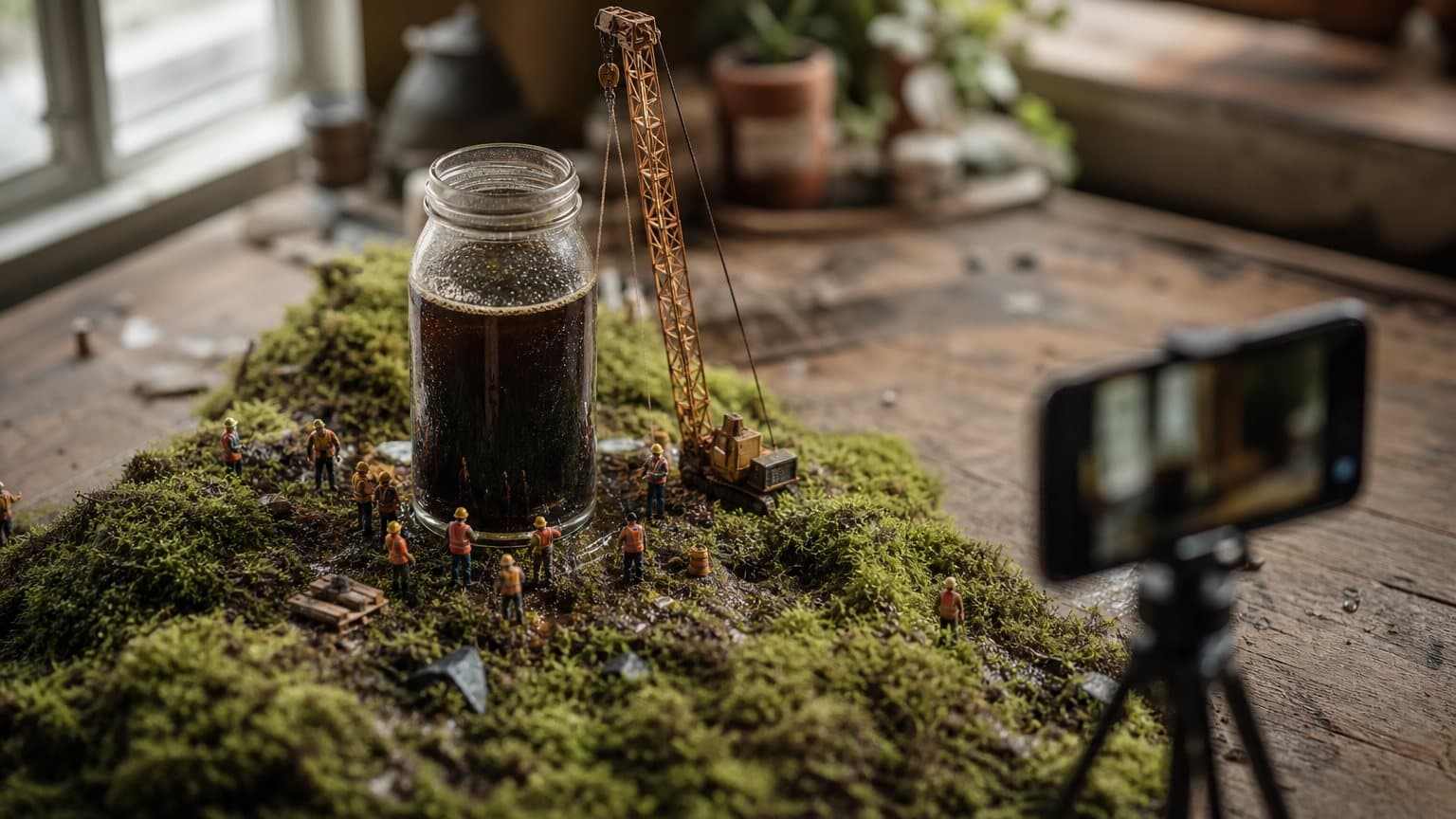 A tabletop miniature diorama of tiny model workers around an oversized glass jar, photographed from above with a thin band of sharp focus