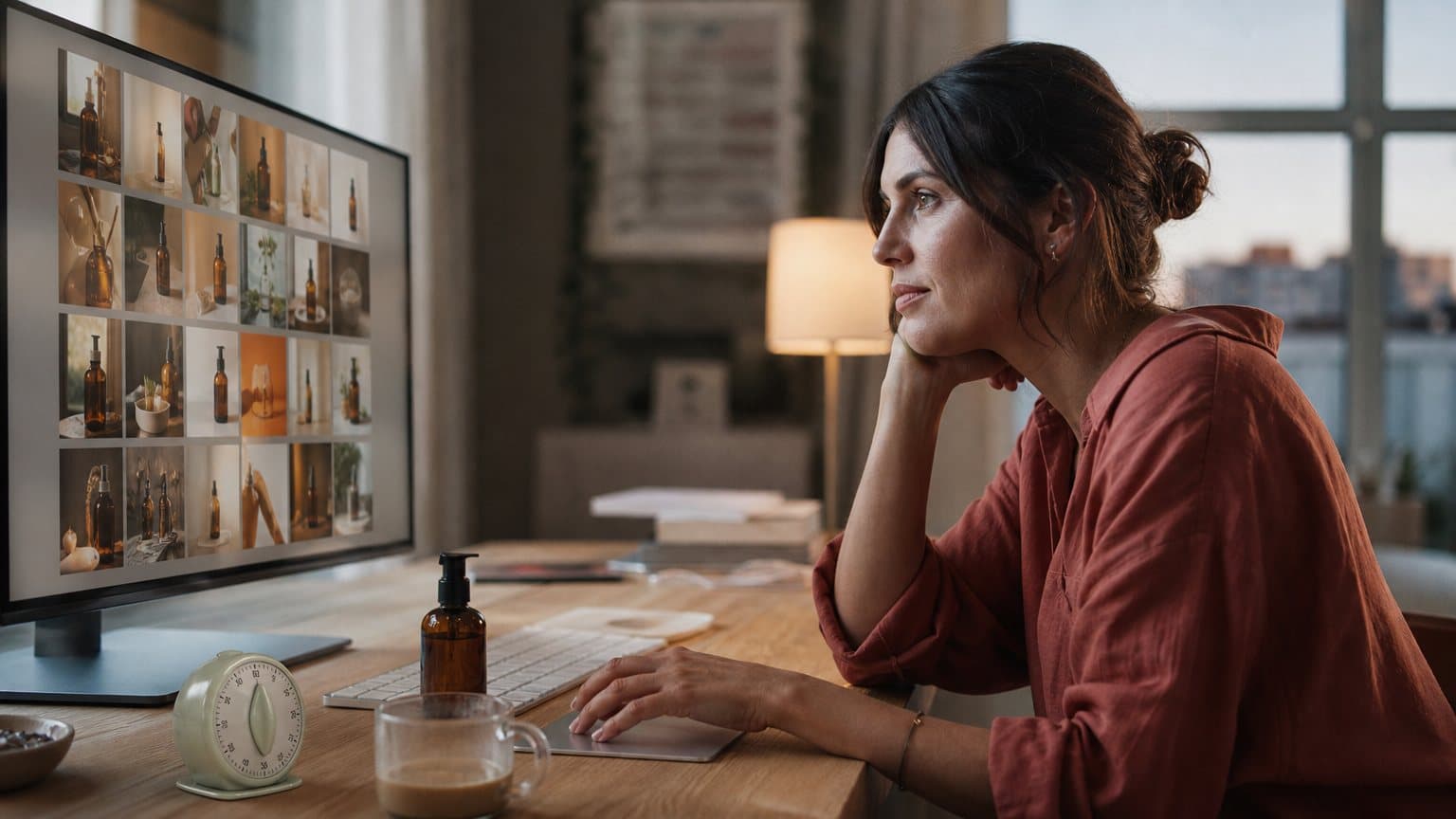 A marketer at a desk reviewing a grid of short vertical product video drafts on a large monitor
