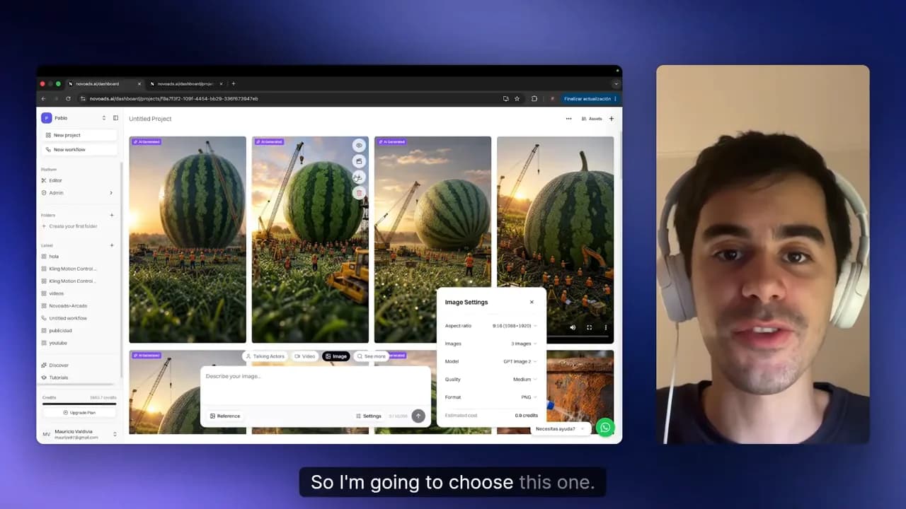 User interface displaying multiple generated images with one image selected as the starting frame.