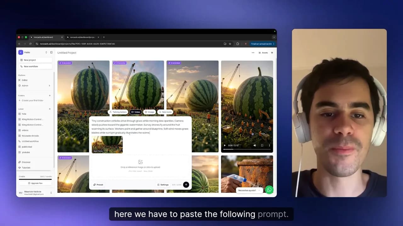 Novoads interface with video prompt pasted in the input box for video generation.