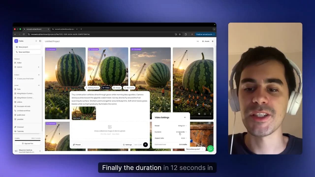 Video settings panel open in Novoads showing model set to Kling 3.0 and duration set to 12 seconds.