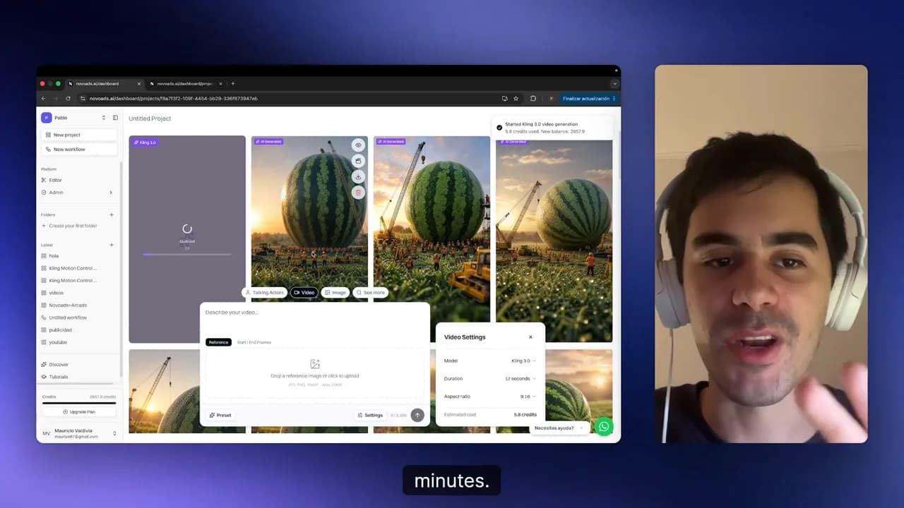 Novoads interface showing video generation in progress with video settings and prompt visible.