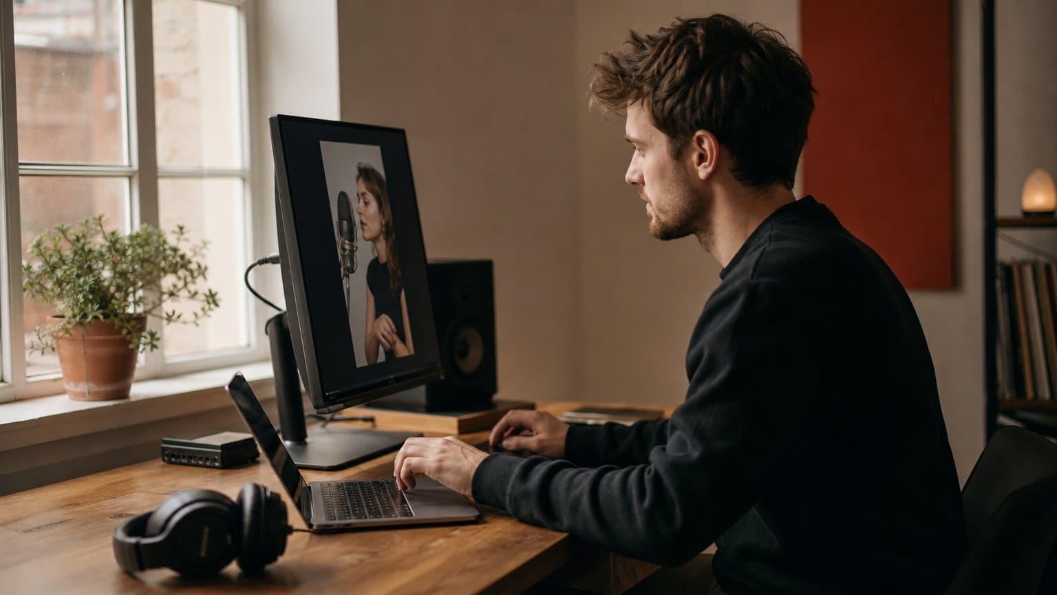A video producer watching a live stream on a monitor while typing a note on a laptop beside it