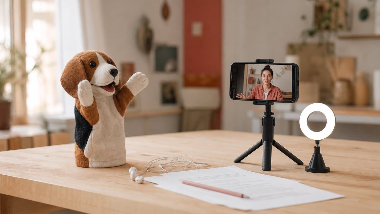A felt beagle hand puppet beside a phone on a small tripod showing a presenter talking to camera