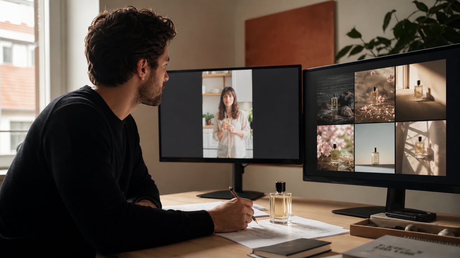A creative strategist at a desk with a printed ad script, a perfume bottle, one screen showing a person speaking to camera and another showing cinematic clips of the bottle