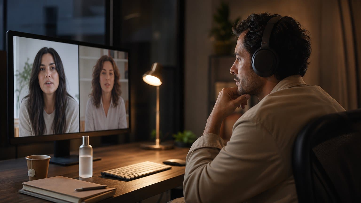 A marketer wearing headphones compares two vertical AI presenter videos on a monitor