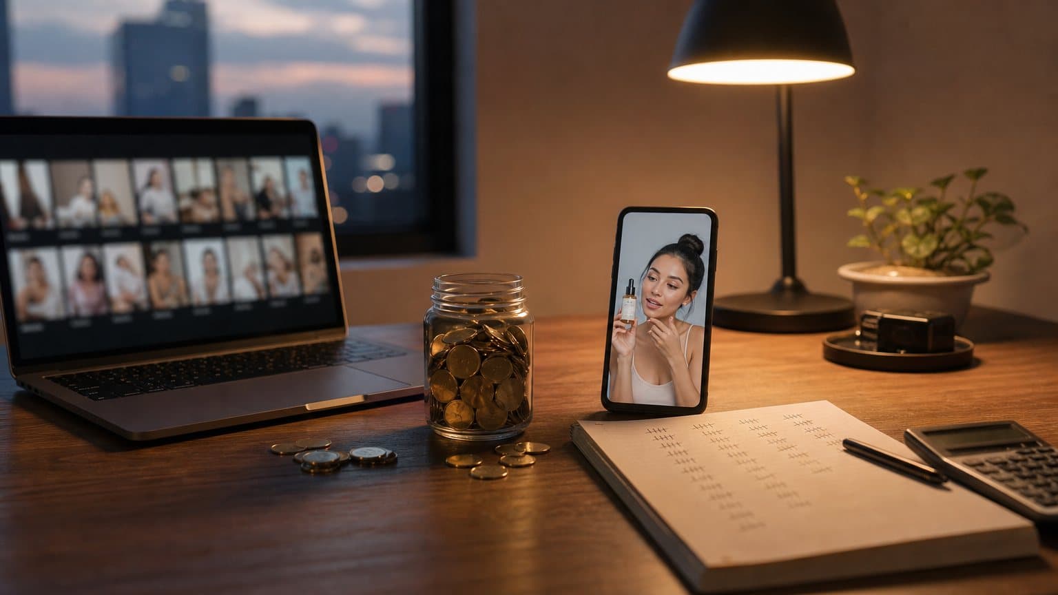 A video creator's desk with a glass jar of brass tokens beside a laptop showing a grid of blurred video thumbnails