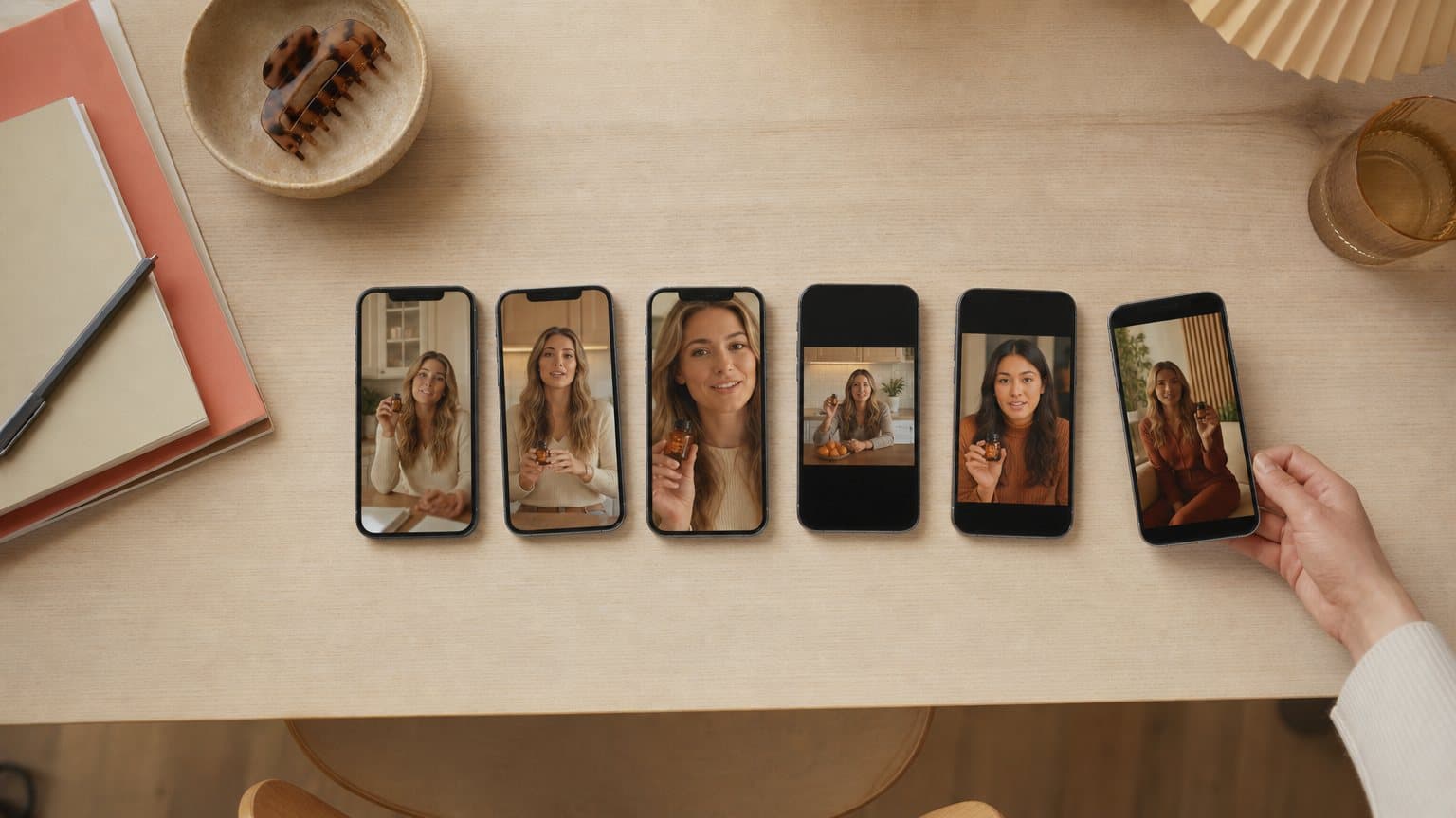 A row of phones on a desk, each showing the same kitchen video ad with one small change