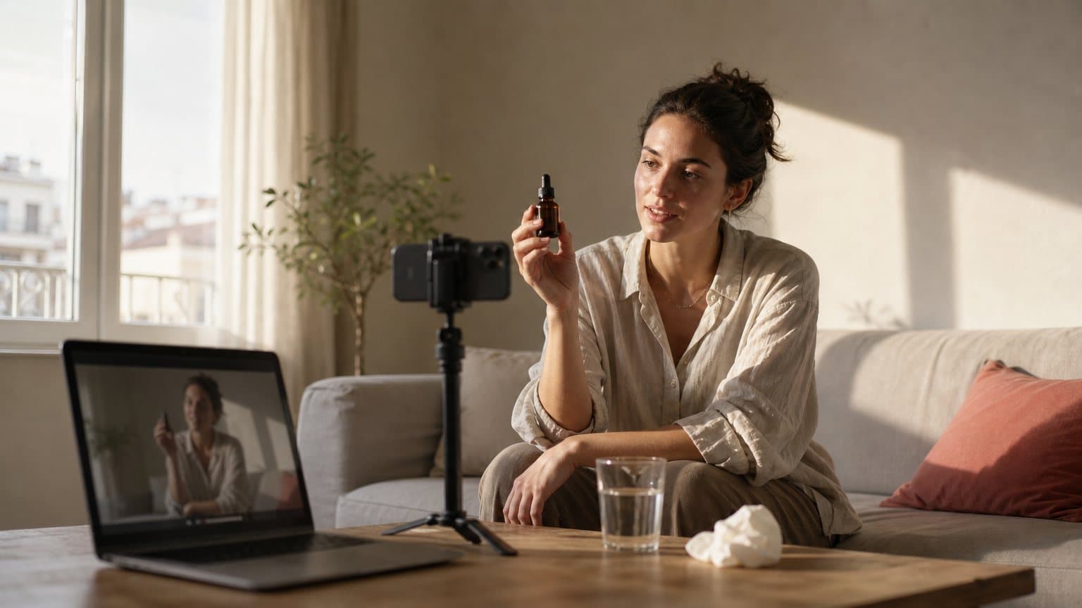 A creator filming herself with a phone by a window while a laptop beside her shows the same shot paused