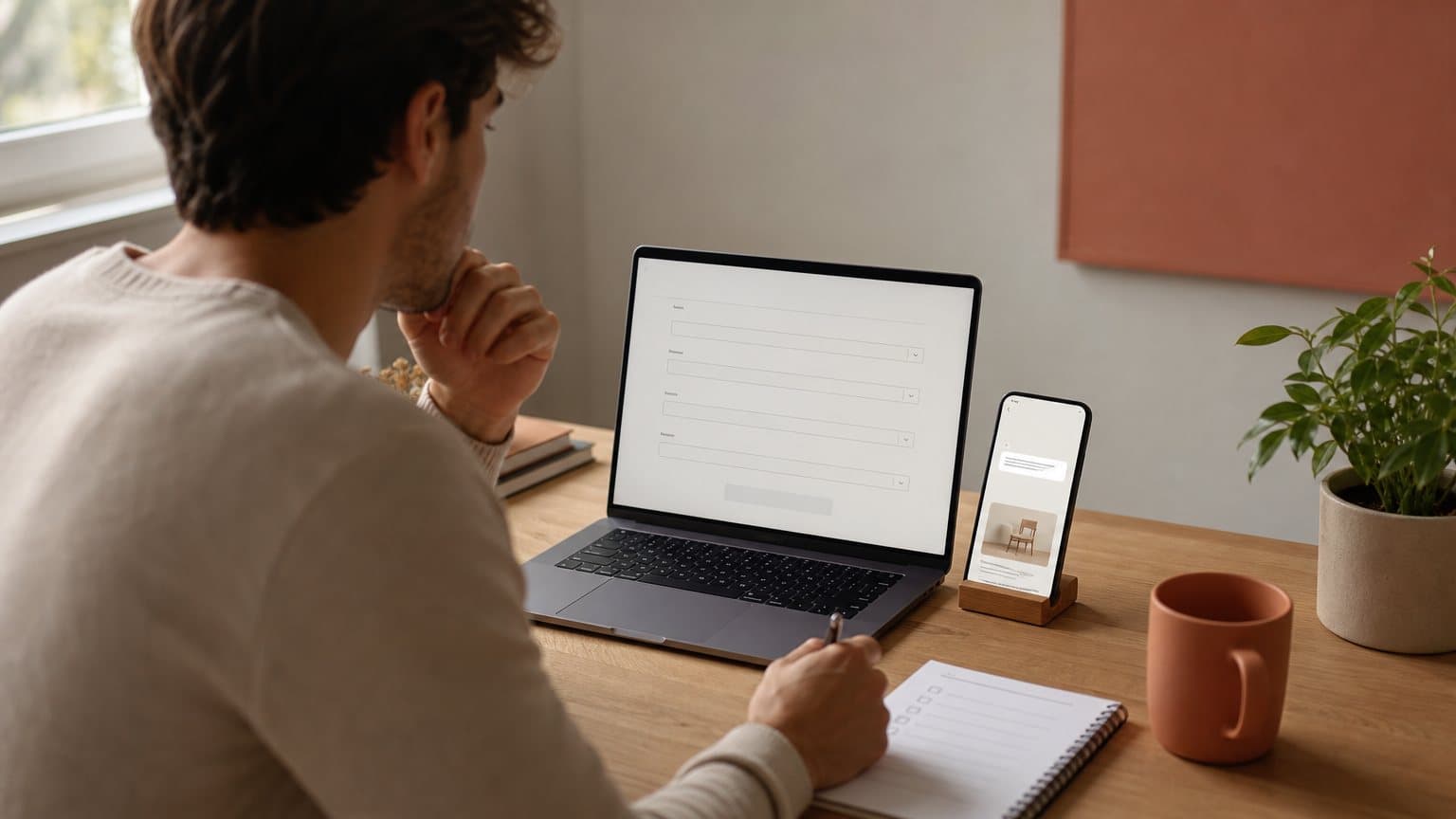A marketer setting up an advertising campaign at a desk, with a phone showing a chat answer and a product card beside the laptop