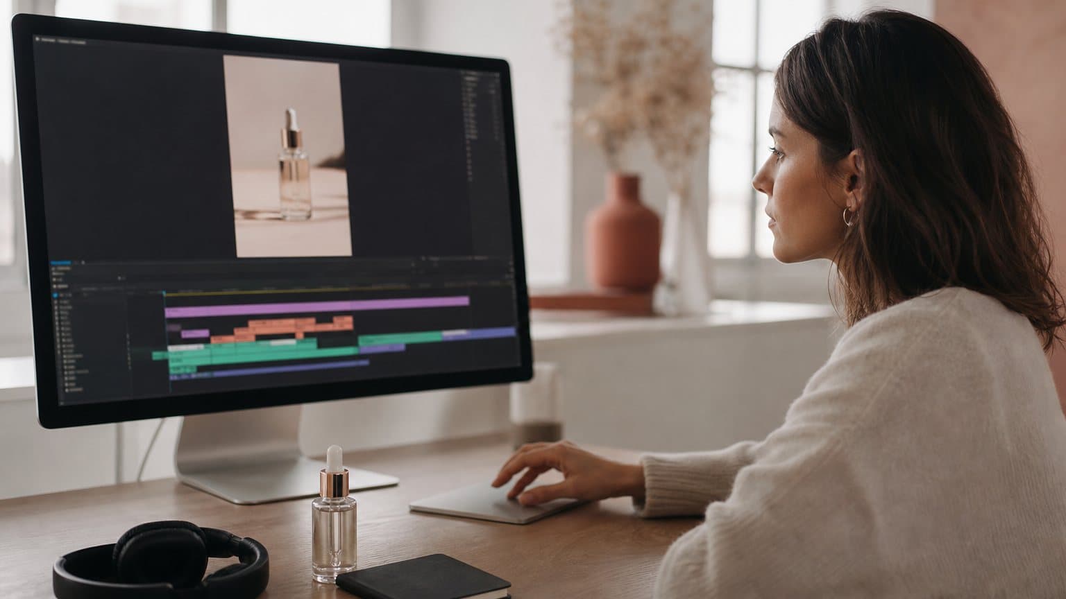 A generated photo of an editor cutting a vertical skincare product ad on a multitrack timeline, the real bottle on the desk beside the monitor