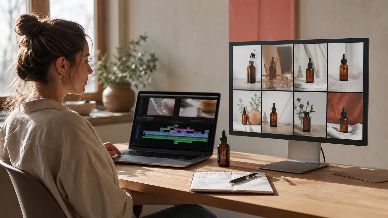 A performance marketer at a desk with a video editing timeline on a laptop and a grid of generated vertical product clips on a second monitor