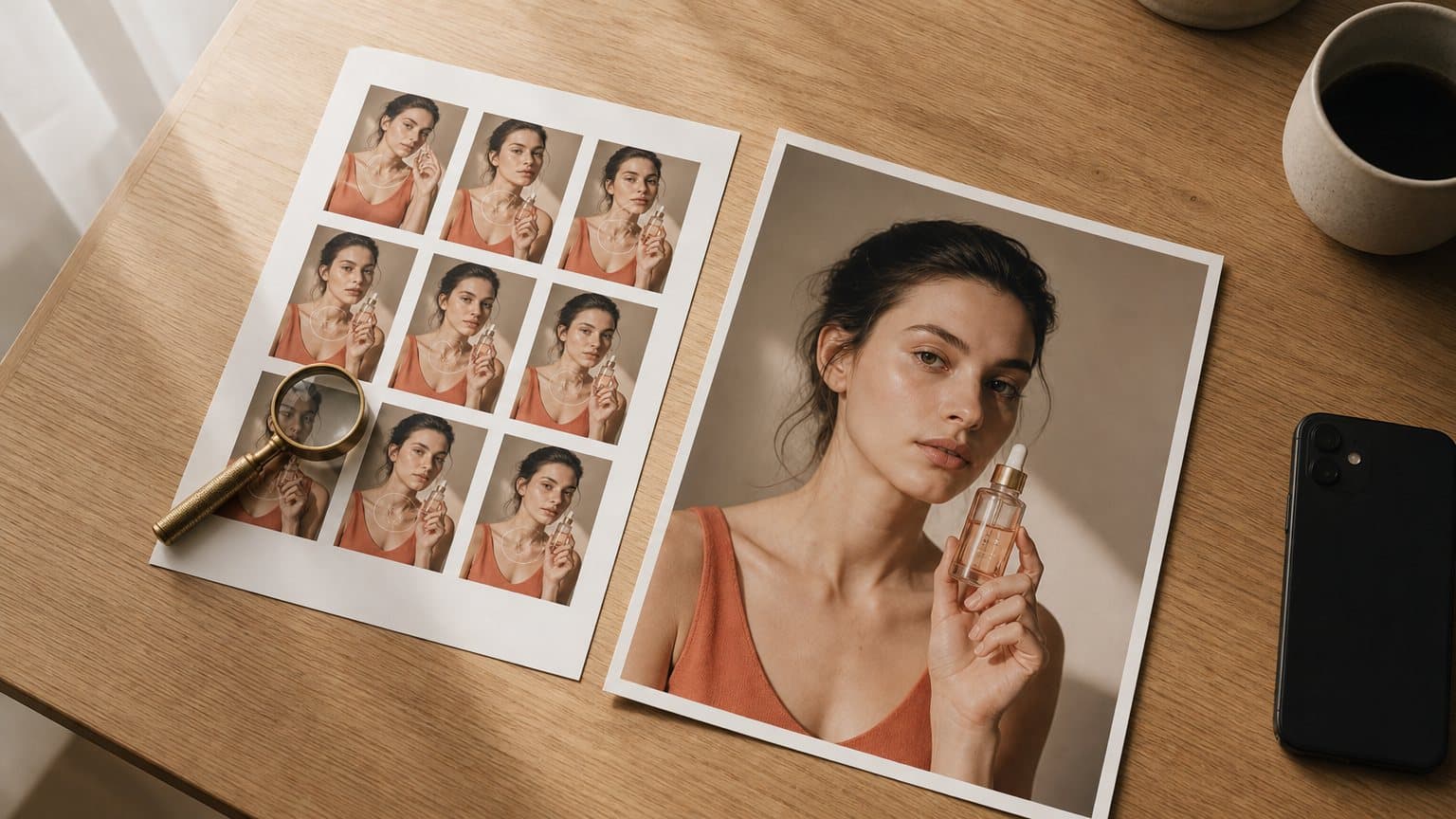 A contact sheet of small product photos, each crossed by a faint seal, beside one clean large print and a loupe on a wooden table