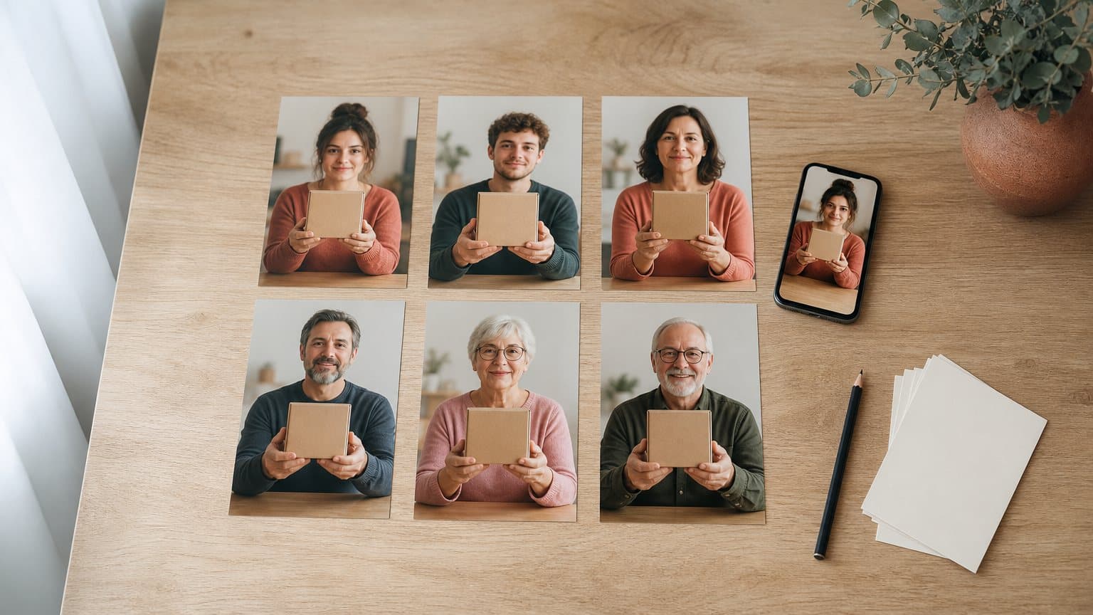 A generated photograph of six printed portraits, younger and older women and men each holding the same plain kraft box, laid in two rows on a wooden table beside a phone showing one of them