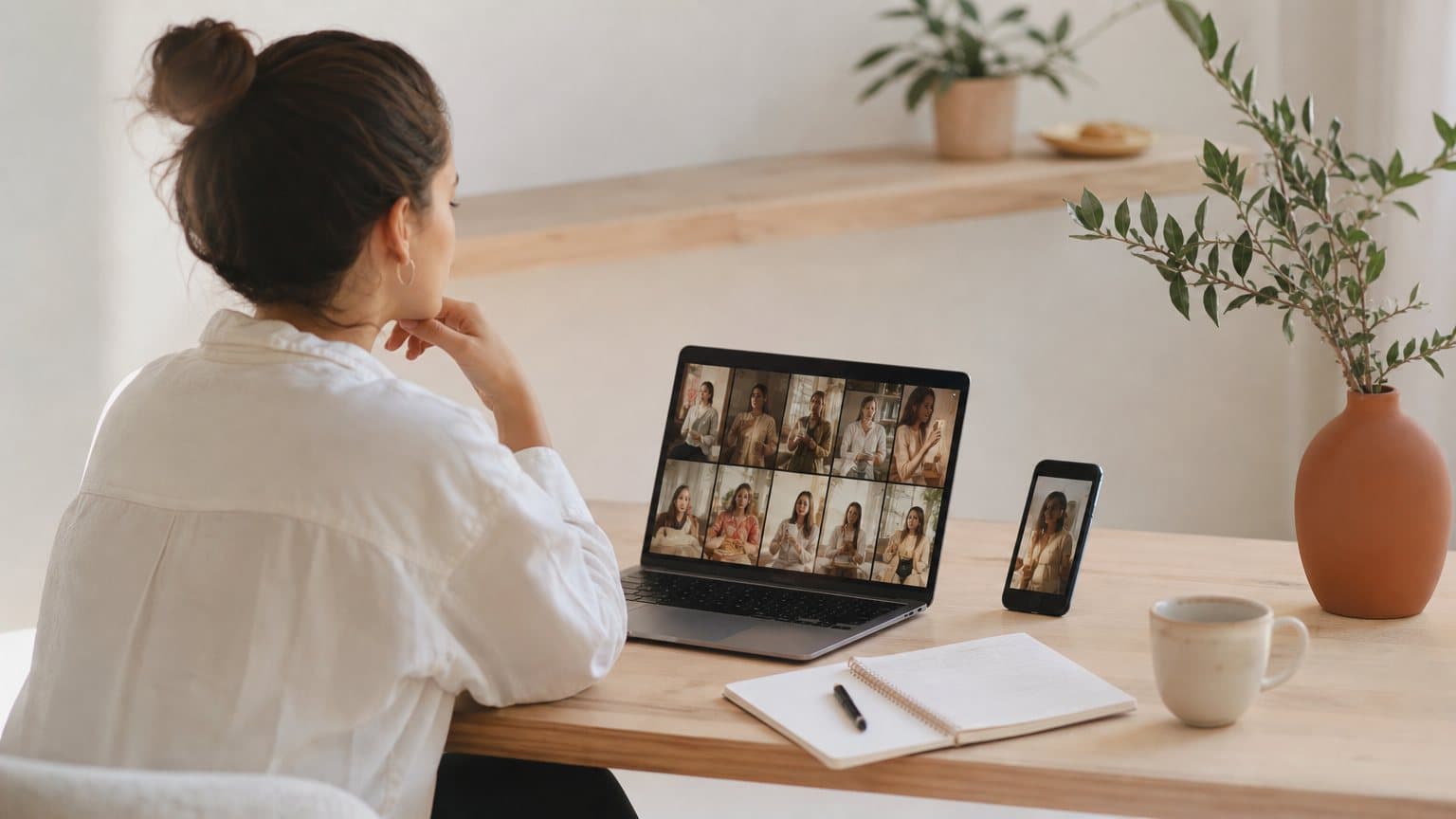 A marketer reviewing AI-generated video ad variations on a laptop in a warm, minimal studio