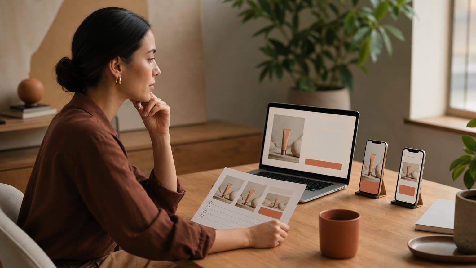 A performance marketer reviewing the same product ad rendered across a laptop and two phones before launch