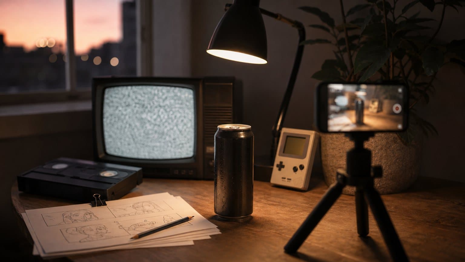 A creative desk with a VHS cassette, a small CRT television glowing with static, pencil animation sketches and a phone filming a cold brew can