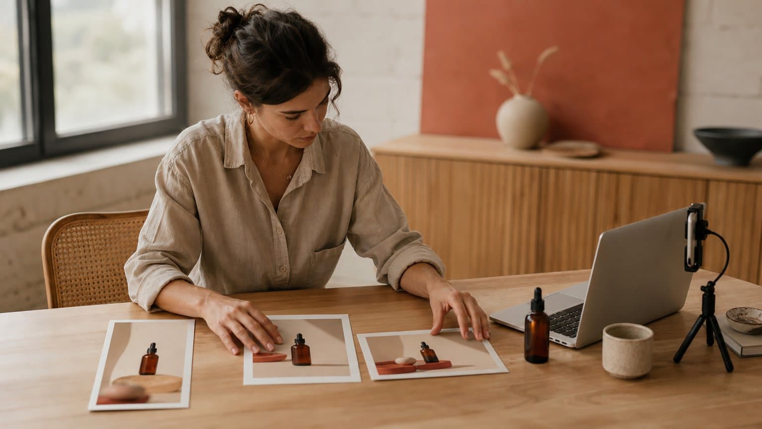 A generated photo of a marketer at a wooden desk by a window laying out three printed versions of one amber-bottle product ad, from tall to wide, beside a laptop, a phone on a small tripod and an amber dropper bottle