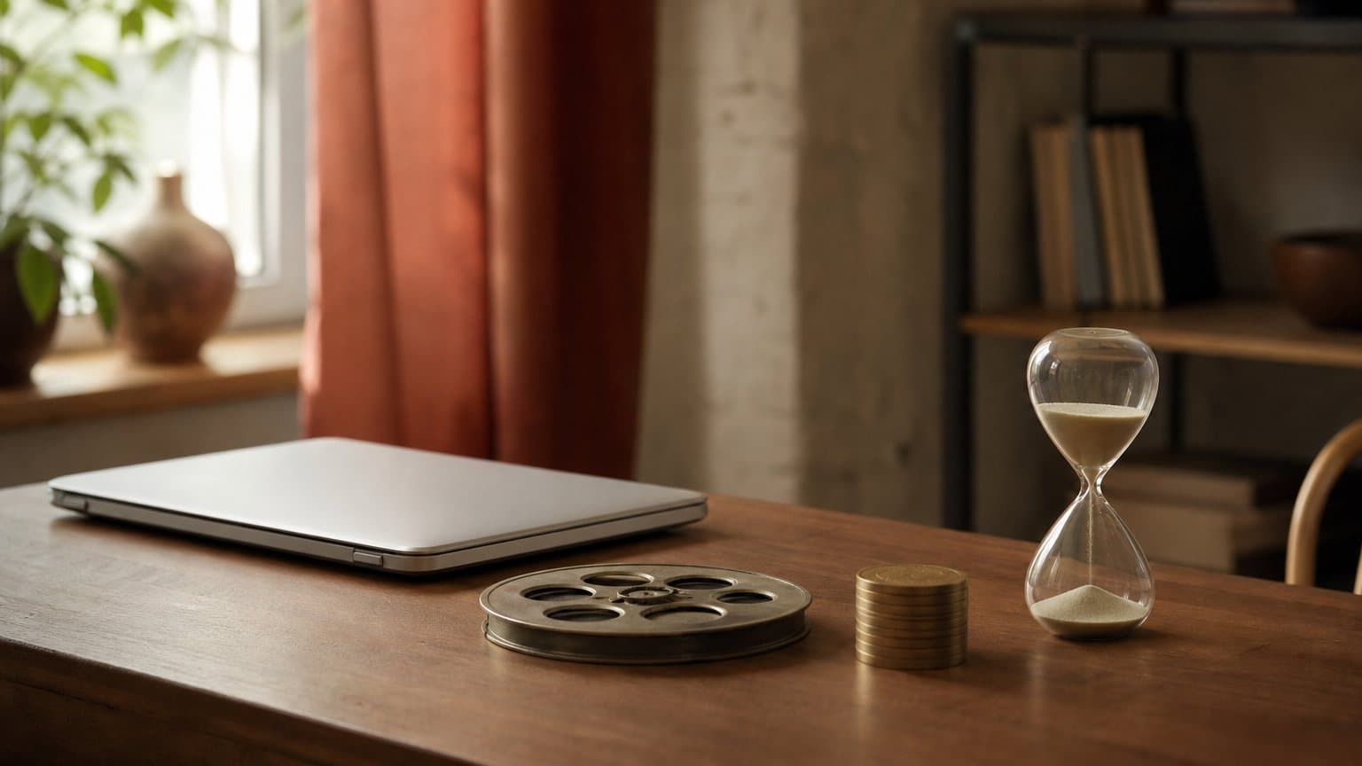 A vintage film reel, a short stack of brass tokens and a small hourglass beside a closed laptop on a wooden desk in soft window light