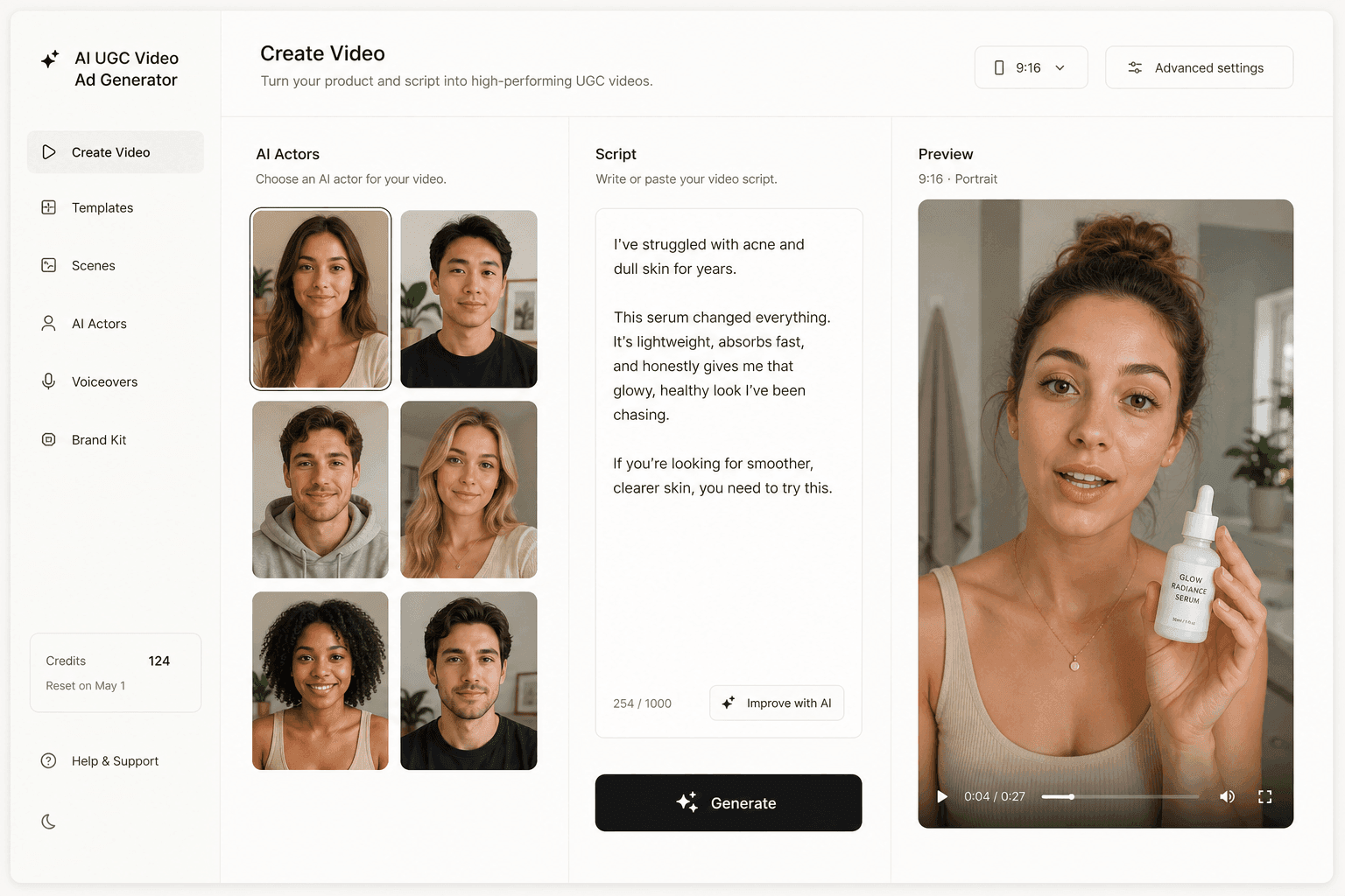 La app de Novoads: elige un actor de IA, escribe un guion, genera un anuncio UGC