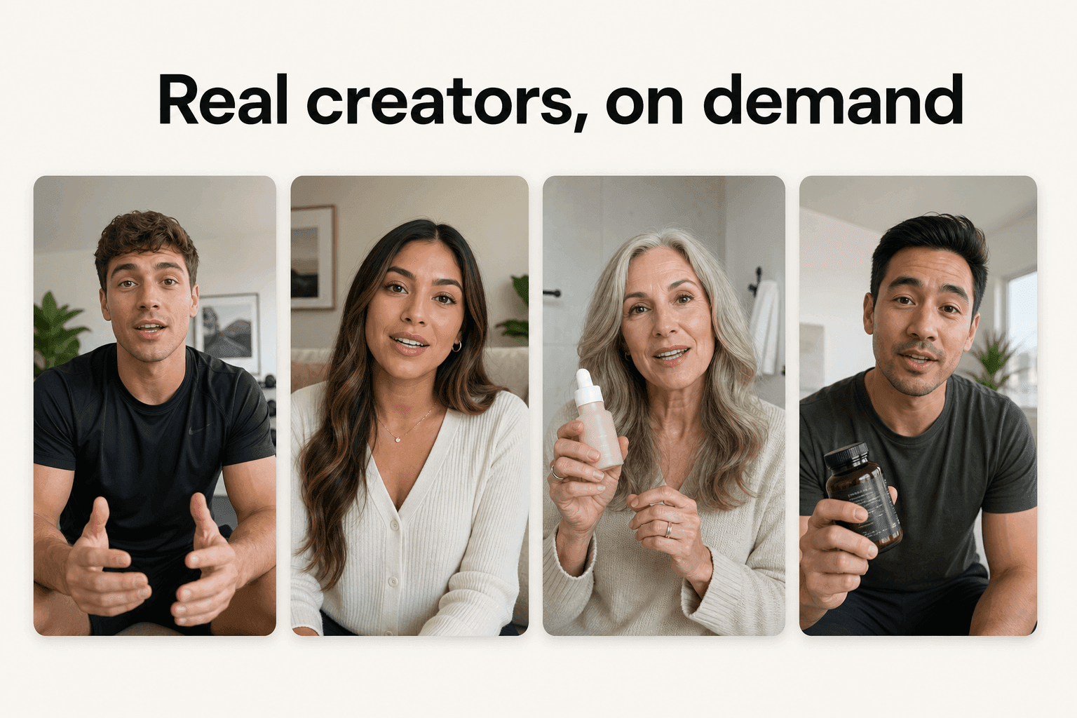 Real UGC creators talking to camera in a row of video cards