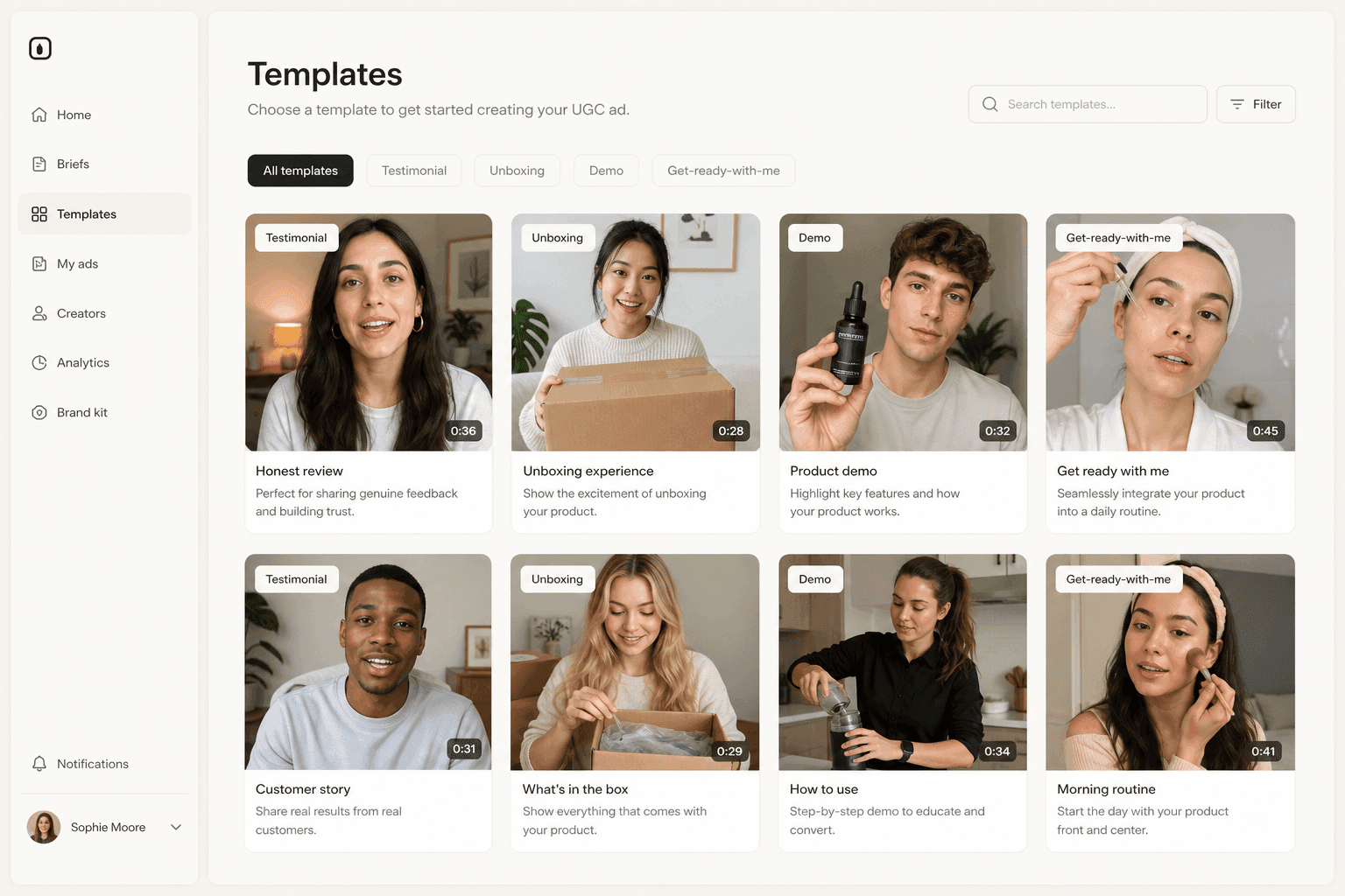 Novoads UGC ad templates gallery