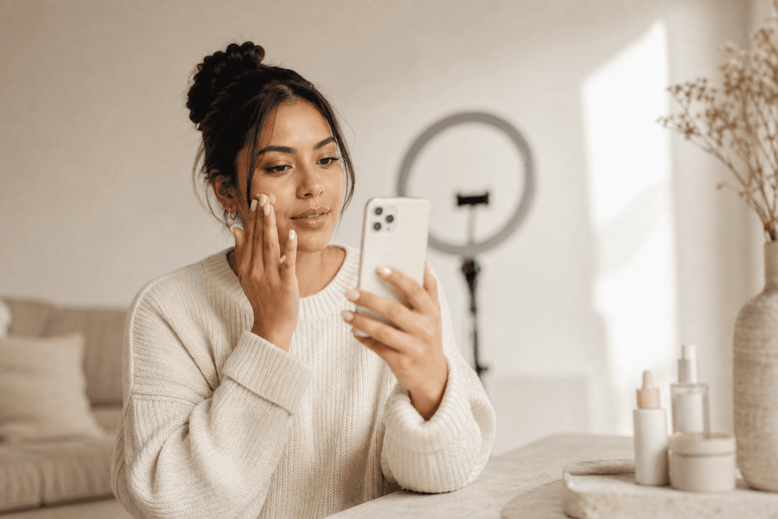 A UGC creator filming a skincare product review on a phone
