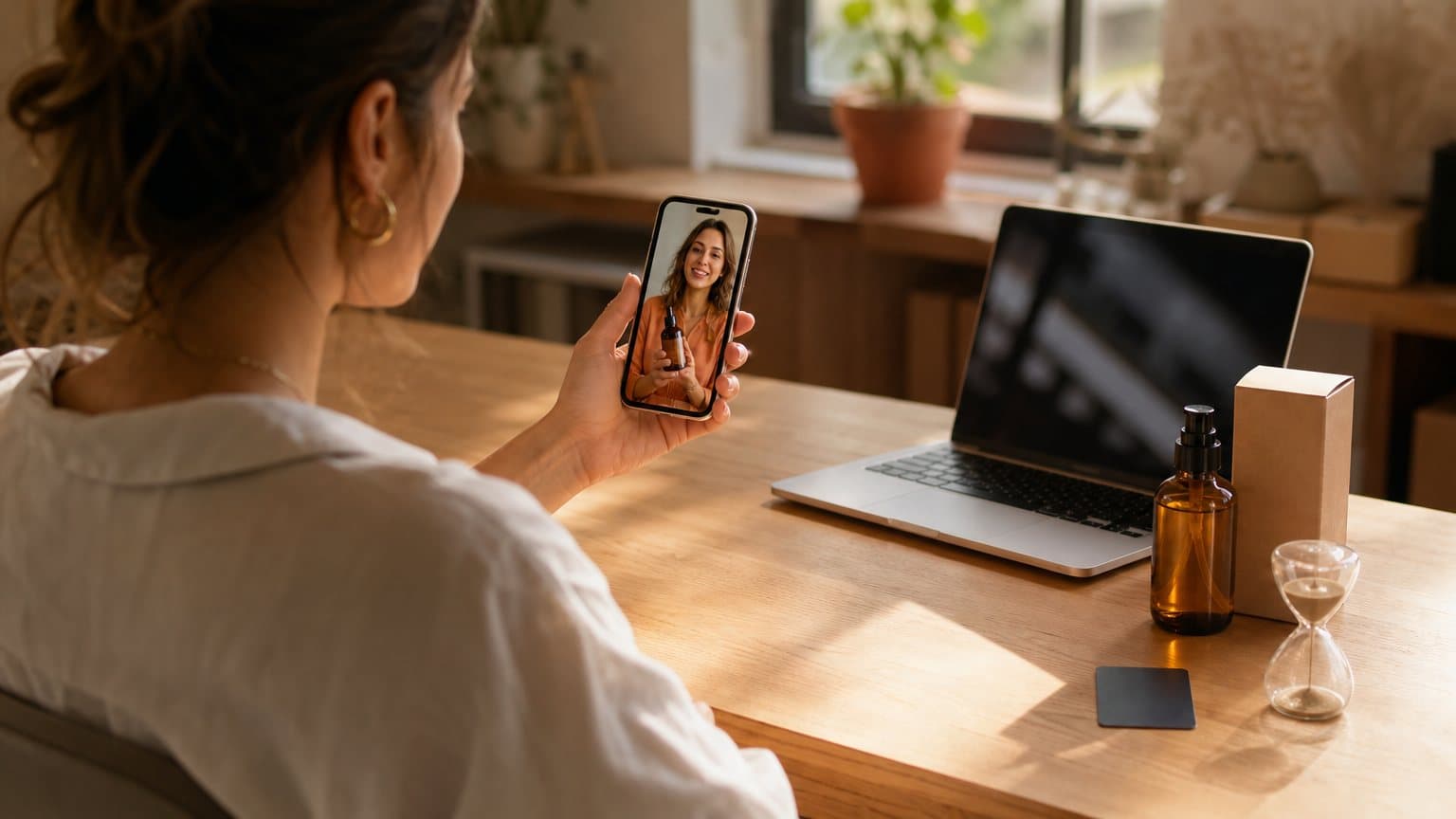 A generated photo of a shop owner holding a phone that plays a vertical product video ad, beside a payment card and a small hourglass