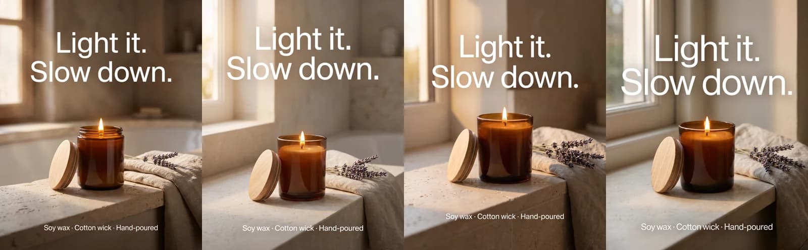 Four static ads from one Novoads run, each a lit amber candle jar on a limestone bath ledge with lavender and a linen towel, under the same two-line headline