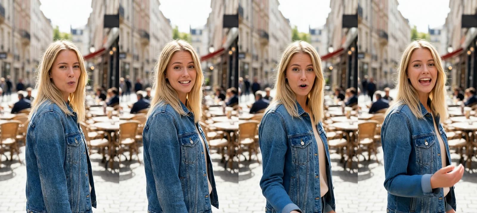 Four frames of the first face, saved as an actor, speaking a short welcome line as a talking actor