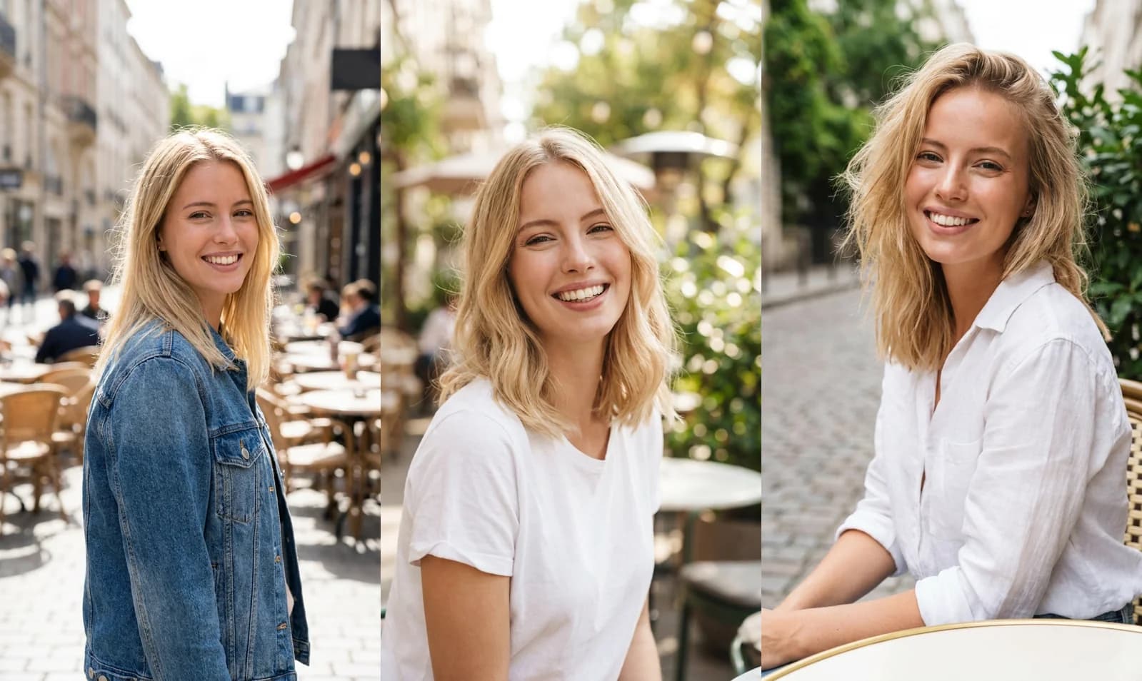 Three candidate faces the Novoads actor generator returned for one text prompt, a blonde woman in her twenties at a street cafe