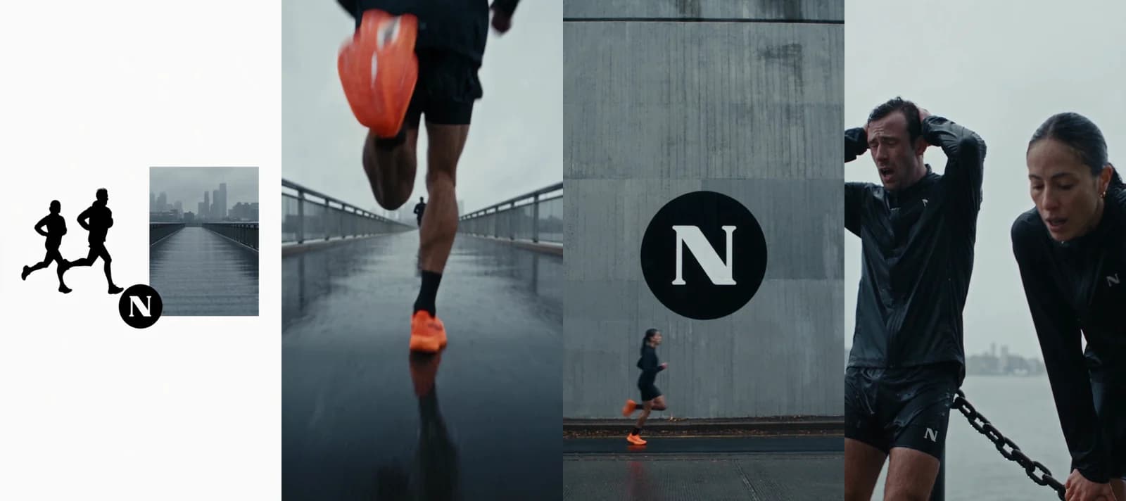 Four frames from a 20-second Seedance 2.5 brand film for a running label: the title card, orange running shoes on a wet bridge, a giant round N mark on a concrete wall, two runners catching their breath