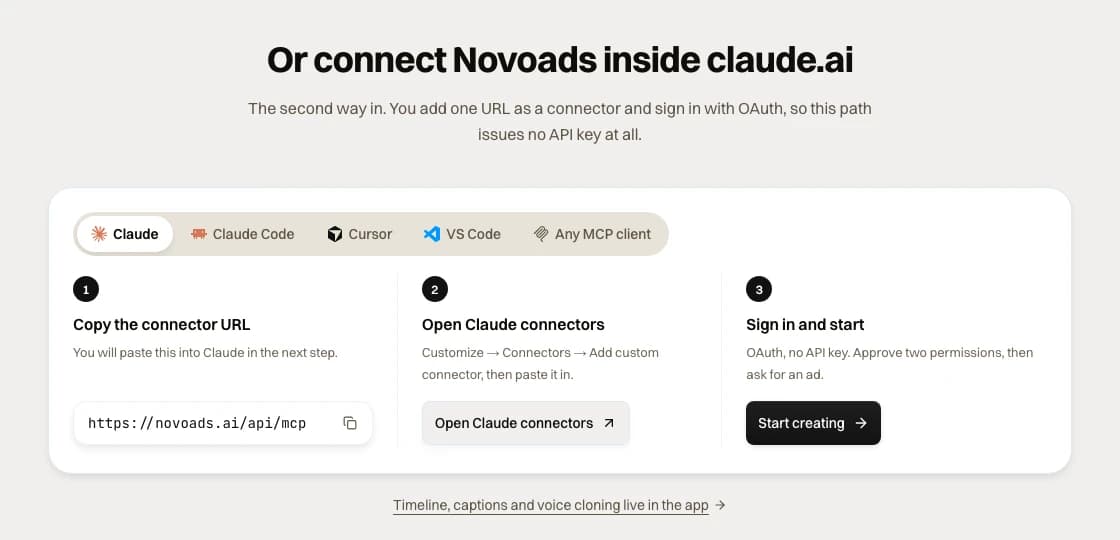 The novoads.ai/mcp page: copy the connector URL, open Claude's connectors, sign in and start