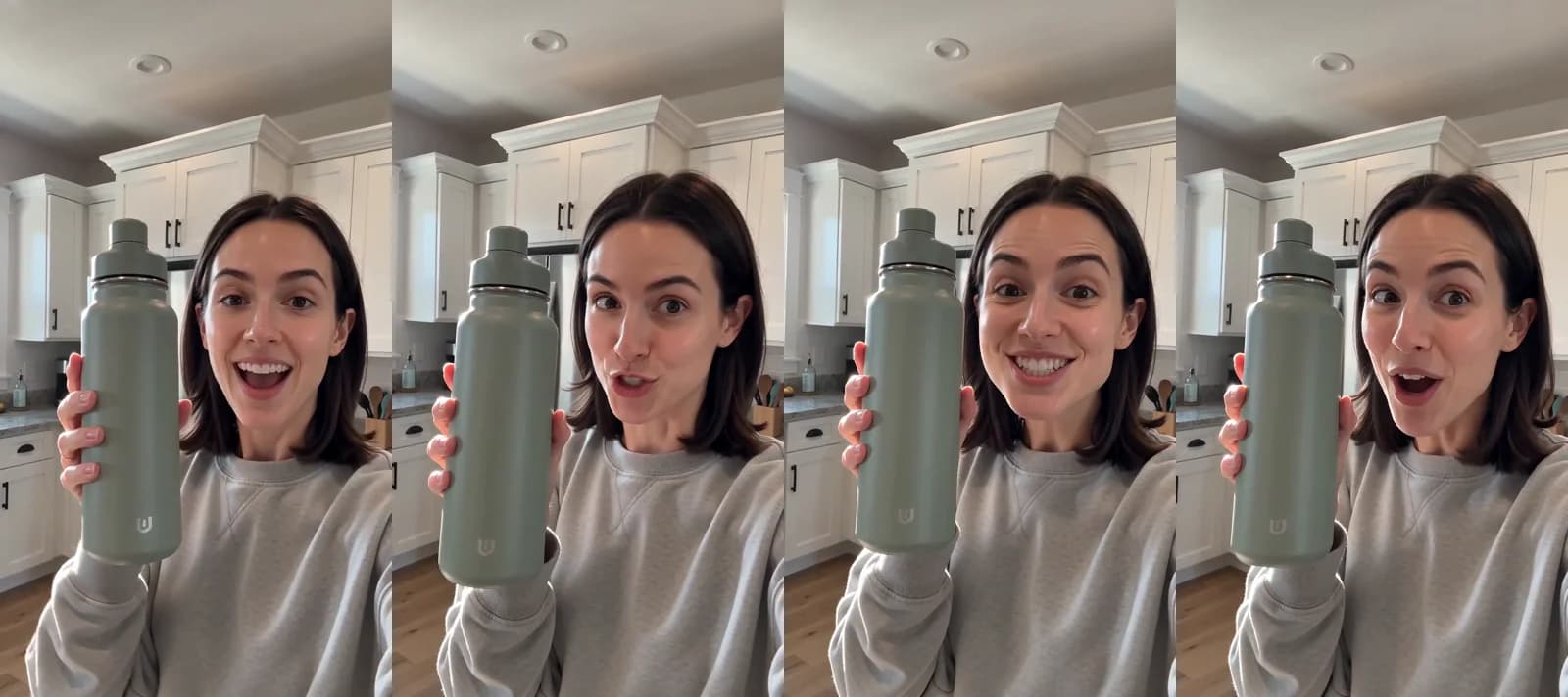Four frames from a 6-second Seedance 2.0 Mini clip made through the Novoads connector: a woman in a kitchen holds a sage-green bottle to her phone